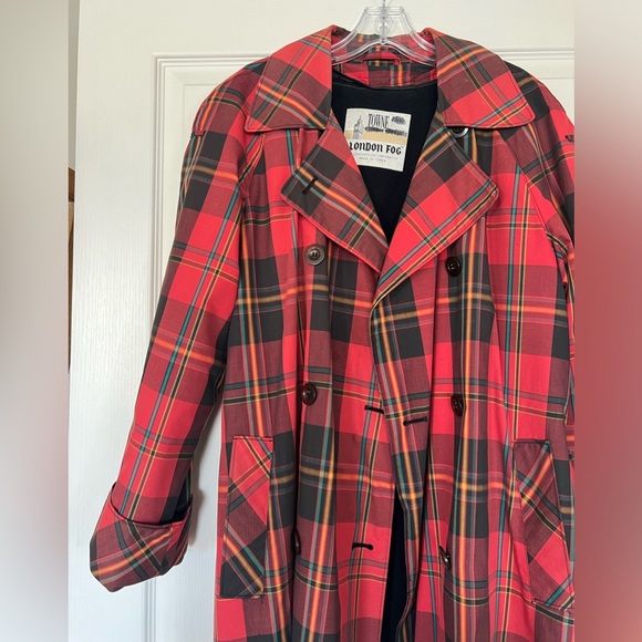 London Fog Red Plaid Trench Coat with Belt - Picture 10 of 12